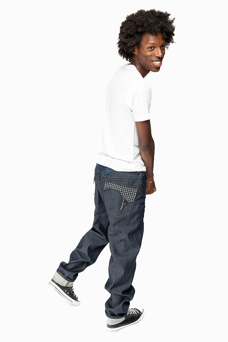 KILLER FLAP MENS SKINNY JEANS RINSED WASH WITH TONAL WINGS, STUDS AND CRYSTALS