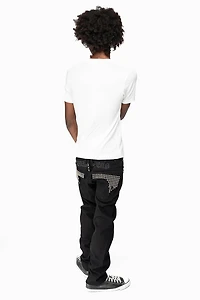 KILLER FLAP MENS SKINNY JEANS BLACK WITH EMBROIDERY,  STUDS AND CRYSTALS