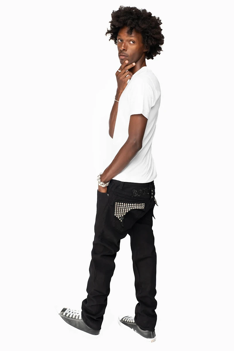 KILLER FLAP MENS SKINNY JEANS BLACK WITH EMBROIDERY,  STUDS AND CRYSTALS