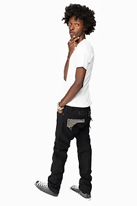 KILLER FLAP MENS SKINNY JEANS BLACK WITH EMBROIDERY,  STUDS AND CRYSTALS