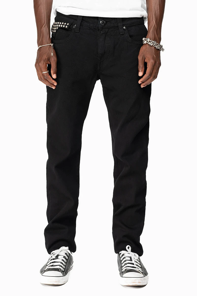 KILLER FLAP MENS SKINNY JEANS BLACK WITH EMBROIDERY,  STUDS AND CRYSTALS