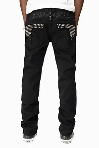 KILLER FLAP MENS SKINNY JEANS BLACK WITH EMBROIDERY,  STUDS AND CRYSTALS