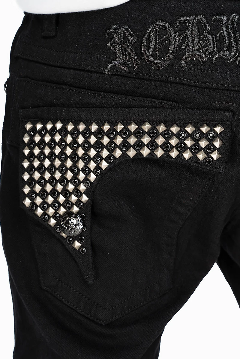 KILLER FLAP MENS SKINNY JEANS BLACK WITH EMBROIDERY,  STUDS AND CRYSTALS