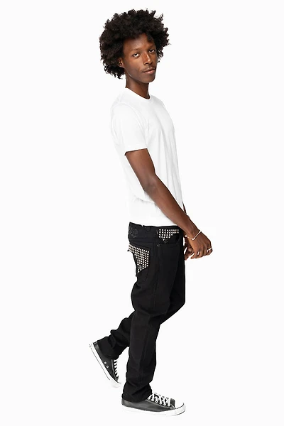 KILLER FLAP MENS SKINNY JEANS BLACK WITH EMBROIDERY,  STUDS AND CRYSTALS