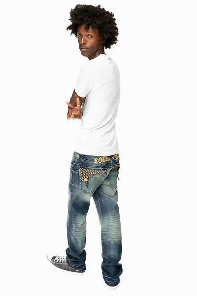 KILLER FLAP MENS STRAIGHT LEG JEAN 4D DARK BLUE WASH EMBELLISHED WITH CRYSTALS