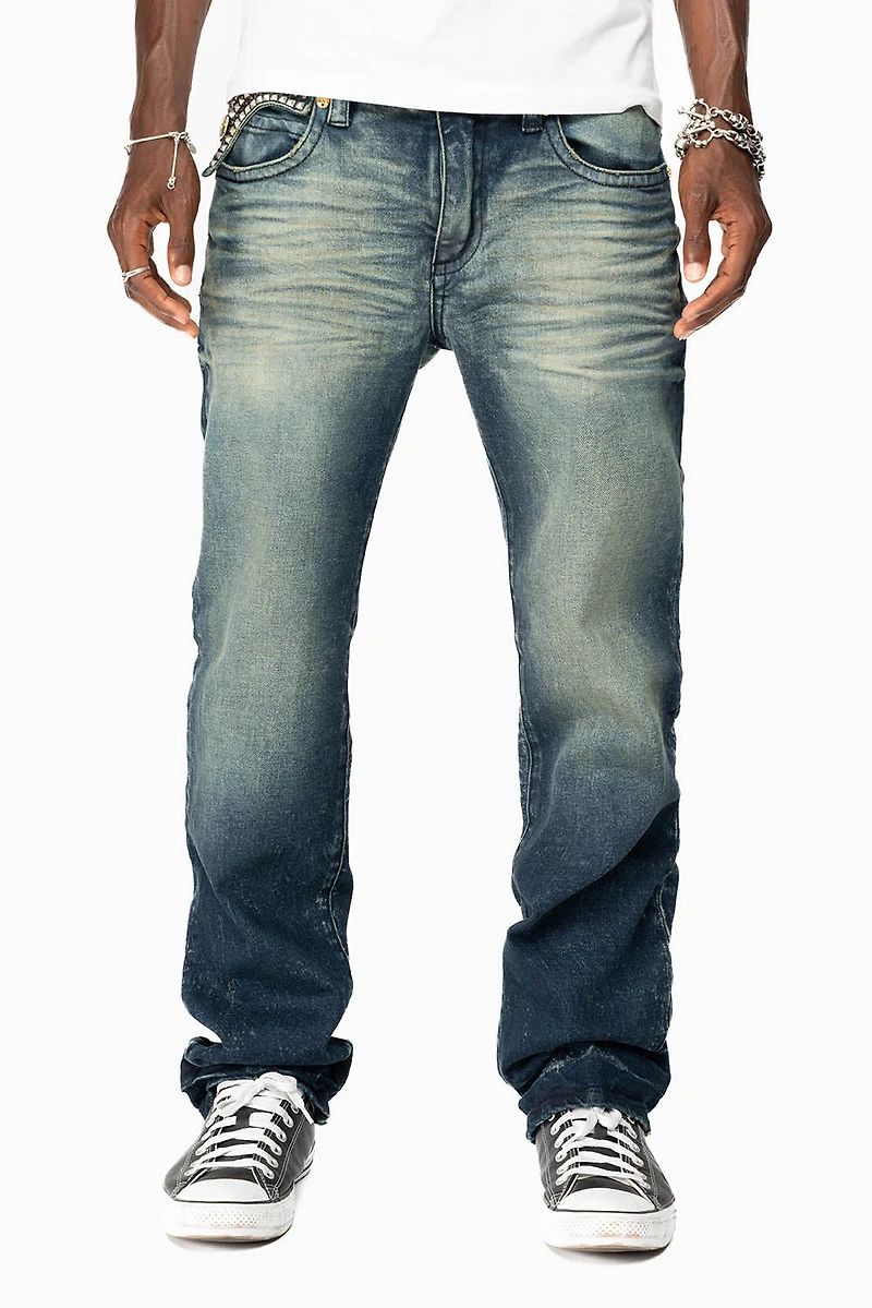 KILLER FLAP MENS STRAIGHT LEG JEAN 4D DARK BLUE WASH WITH STUDS AND CRYSTALS