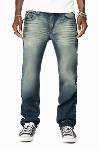 KILLER FLAP MENS STRAIGHT LEG JEAN 4D DARK BLUE WASH WITH STUDS AND CRYSTALS
