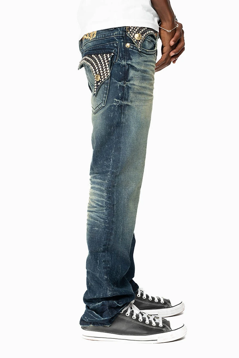 KILLER FLAP MENS STRAIGHT LEG JEAN 4D DARK BLUE WASH WITH STUDS AND CRYSTALS