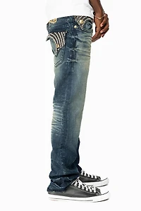 KILLER FLAP MENS STRAIGHT LEG JEAN 4D DARK BLUE WASH WITH STUDS AND CRYSTALS