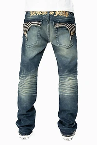 KILLER FLAP MENS STRAIGHT LEG JEAN 4D DARK BLUE WASH WITH STUDS AND CRYSTALS