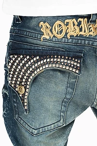 KILLER FLAP MENS STRAIGHT LEG JEAN 4D DARK BLUE WASH WITH STUDS AND CRYSTALS