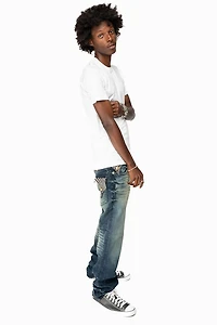 KILLER FLAP MENS STRAIGHT LEG JEAN 4D DARK BLUE WASH WITH STUDS AND CRYSTALS