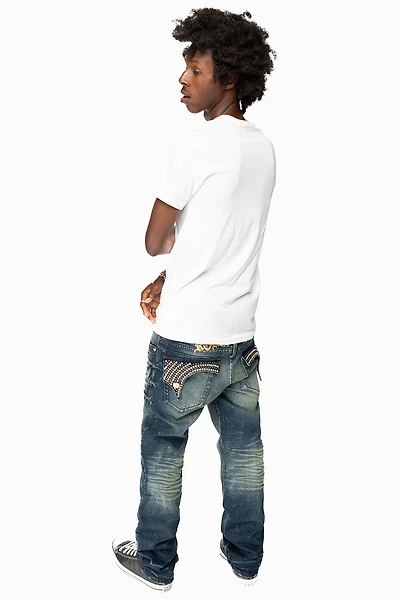 KILLER FLAP MENS STRAIGHT LEG JEAN 4D DARK BLUE WASH WITH STUDS AND CRYSTALS