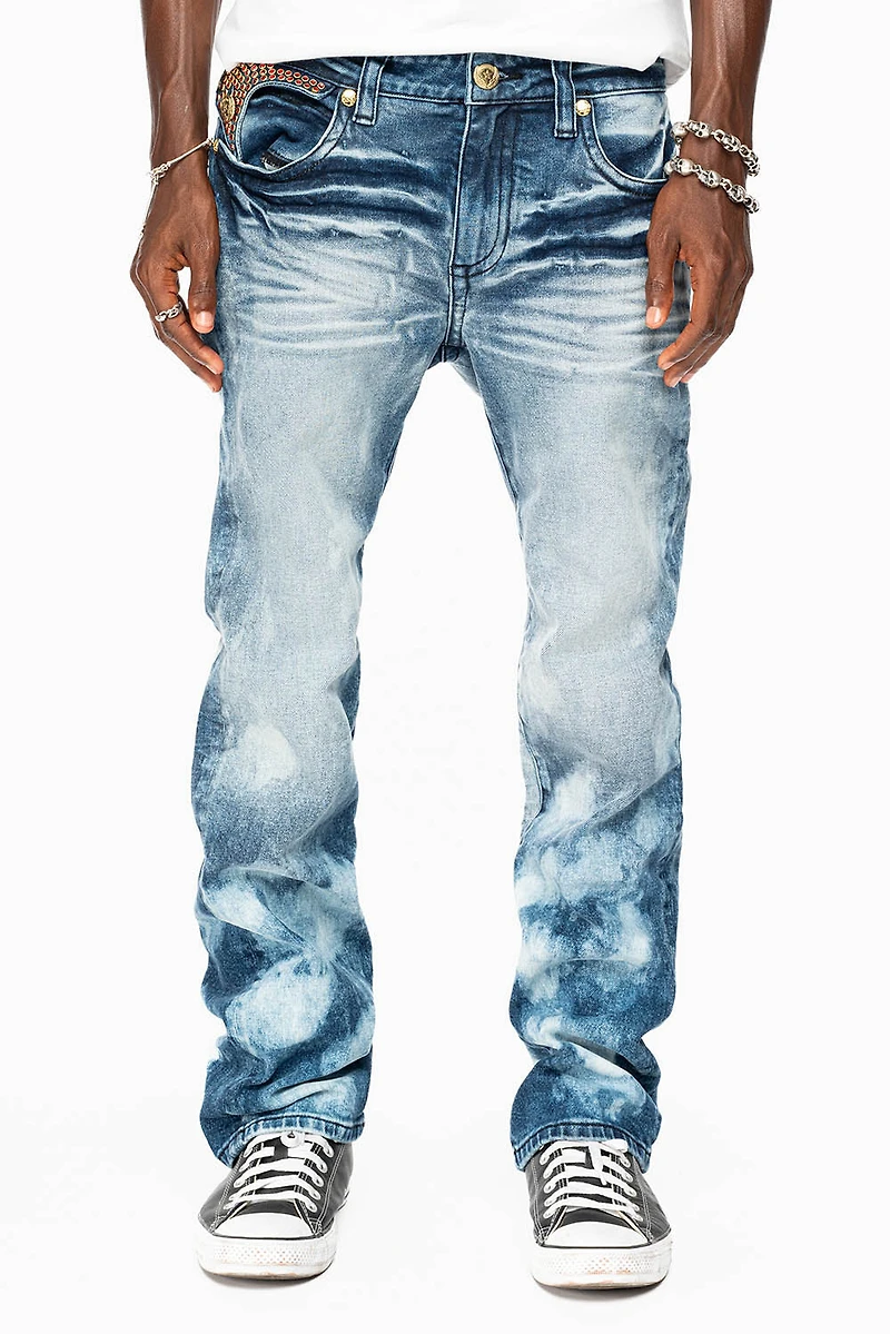 KILLER FLAP  STRAIGHT LEG JEAN BLUE NEW CLOUD JAPAN WASH FULLY EMBELLISHED WITH CRYSTALS