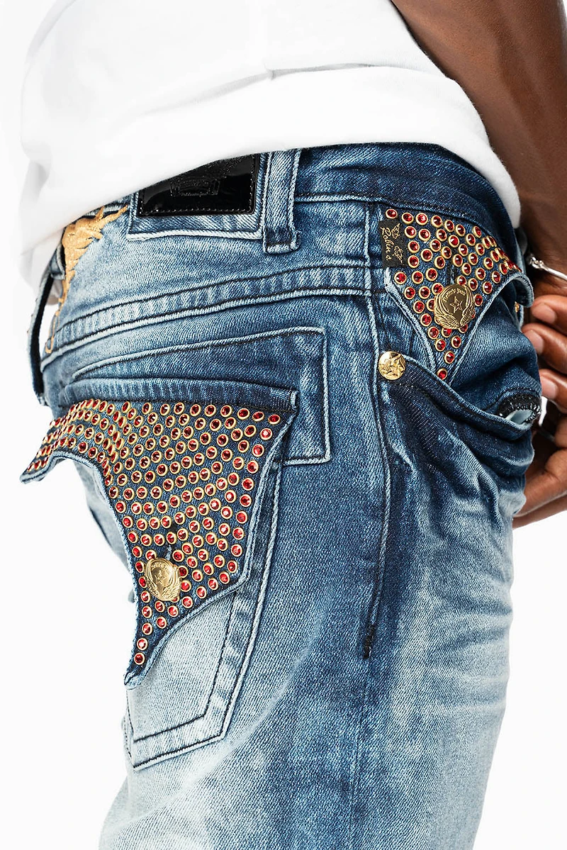 KILLER FLAP  STRAIGHT LEG JEAN BLUE NEW CLOUD JAPAN WASH FULLY EMBELLISHED WITH CRYSTALS