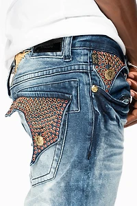 KILLER FLAP  STRAIGHT LEG JEAN BLUE NEW CLOUD JAPAN WASH FULLY EMBELLISHED WITH CRYSTALS