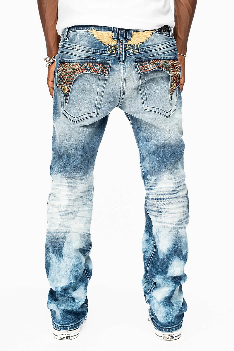 KILLER FLAP  STRAIGHT LEG JEAN BLUE NEW CLOUD JAPAN WASH FULLY EMBELLISHED WITH CRYSTALS