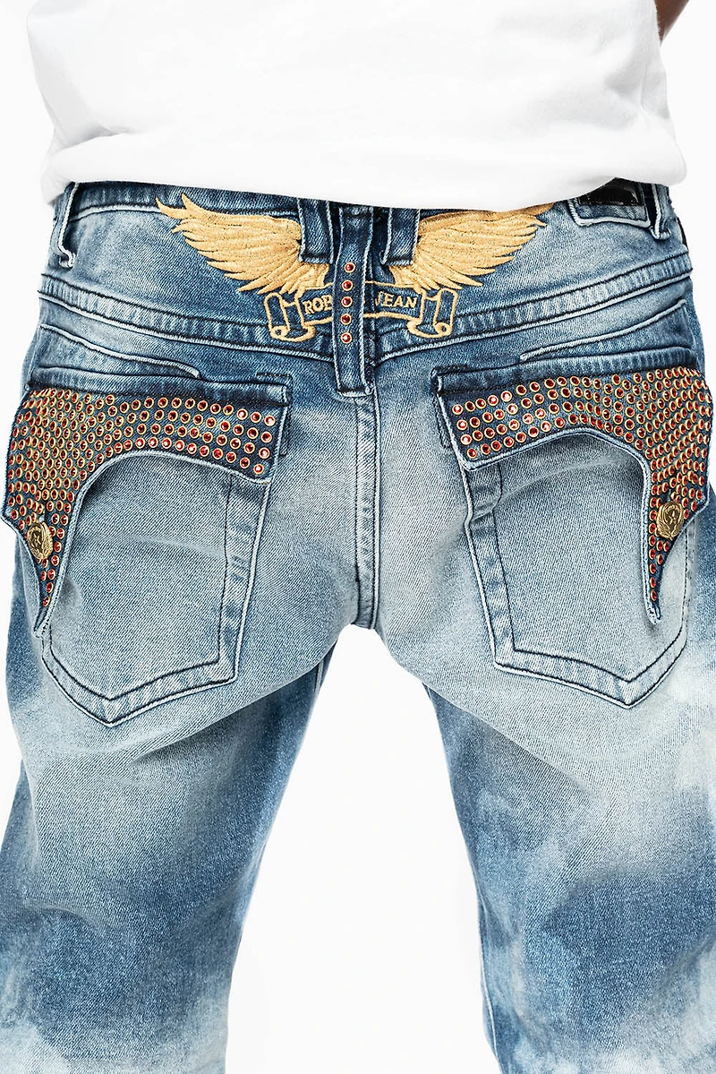 KILLER FLAP  STRAIGHT LEG JEAN BLUE NEW CLOUD JAPAN WASH FULLY EMBELLISHED WITH CRYSTALS