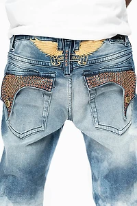 KILLER FLAP  STRAIGHT LEG JEAN BLUE NEW CLOUD JAPAN WASH FULLY EMBELLISHED WITH CRYSTALS