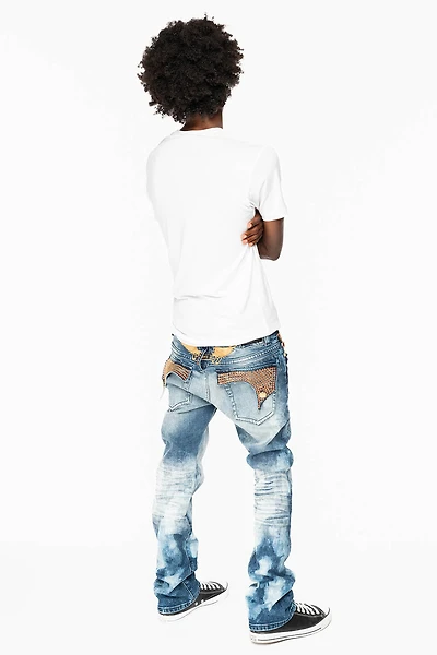 KILLER FLAP  STRAIGHT LEG JEAN BLUE NEW CLOUD JAPAN WASH FULLY EMBELLISHED WITH CRYSTALS