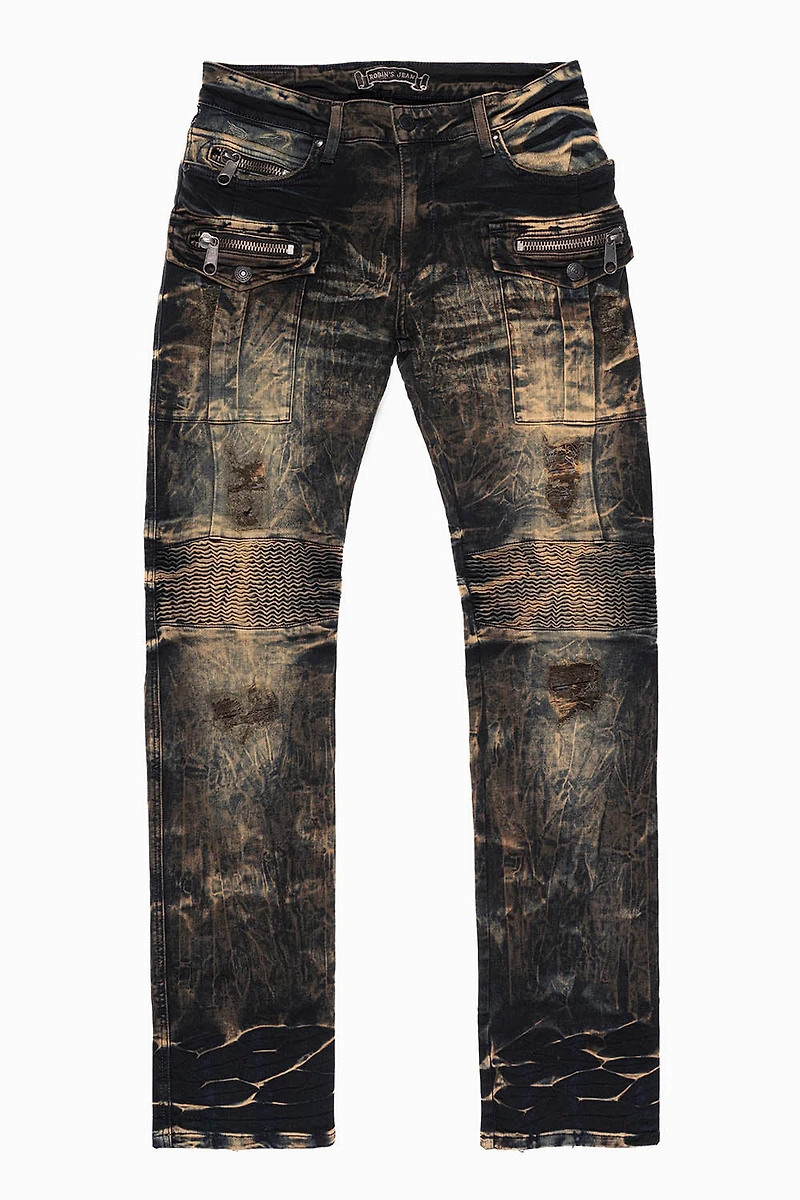 MILITARY/BIKER LONG FLAP SKINNY JEANS  EMBELLISHED WITH CRYSTALS AND NAILHEADS WHISKY WASH
