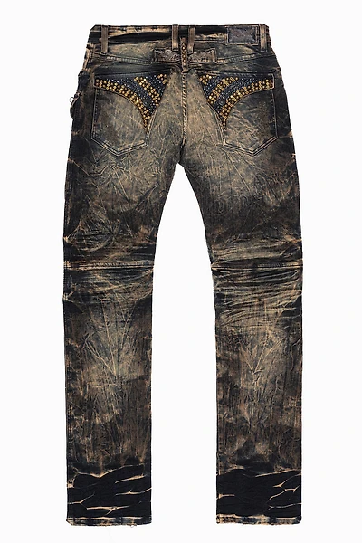 MILITARY/BIKER LONG FLAP SKINNY JEANS  EMBELLISHED WITH CRYSTALS AND NAILHEADS WHISKY WASH
