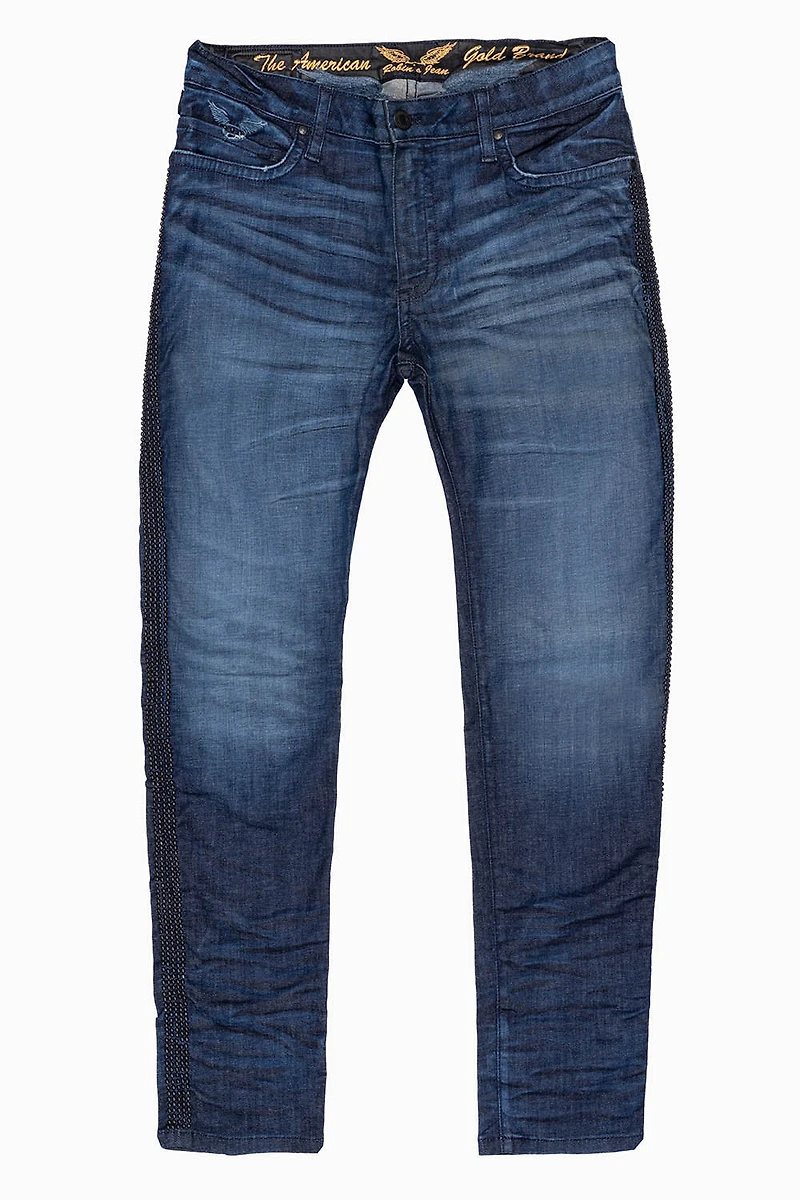 SKINNY MENS JEANS BLUE LIBERTY DARK WASH WITH SIDE SEAM STRIPE NAILHEADS