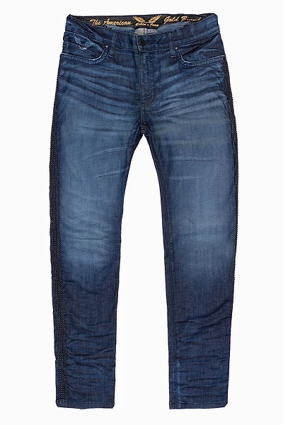SKINNY MENS JEANS BLUE LIBERTY DARK WASH WITH SIDE SEAM STRIPE  NAILHEADS