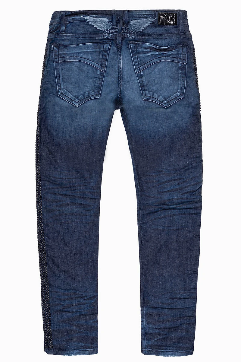 SKINNY MENS JEANS BLUE LIBERTY DARK WASH WITH SIDE SEAM STRIPE  NAILHEADS