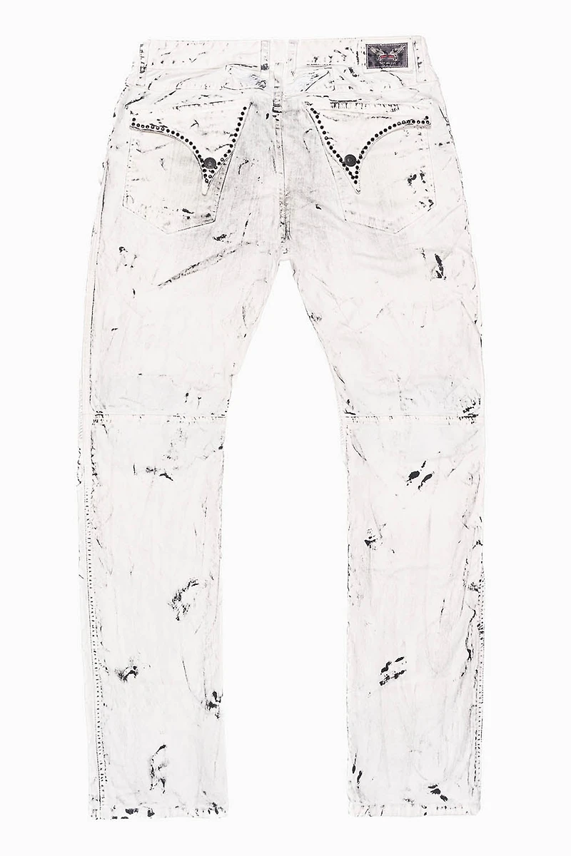 MILITARY/BIKER LONG FLAP SKINNY JEANS  EMBELLISHED WITH BLACK CRYSTALS SPACE DYE WHITE WASH