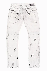 MILITARY/BIKER LONG FLAP SKINNY JEANS  EMBELLISHED WITH BLACK CRYSTALS SPACE DYE WHITE WASH
