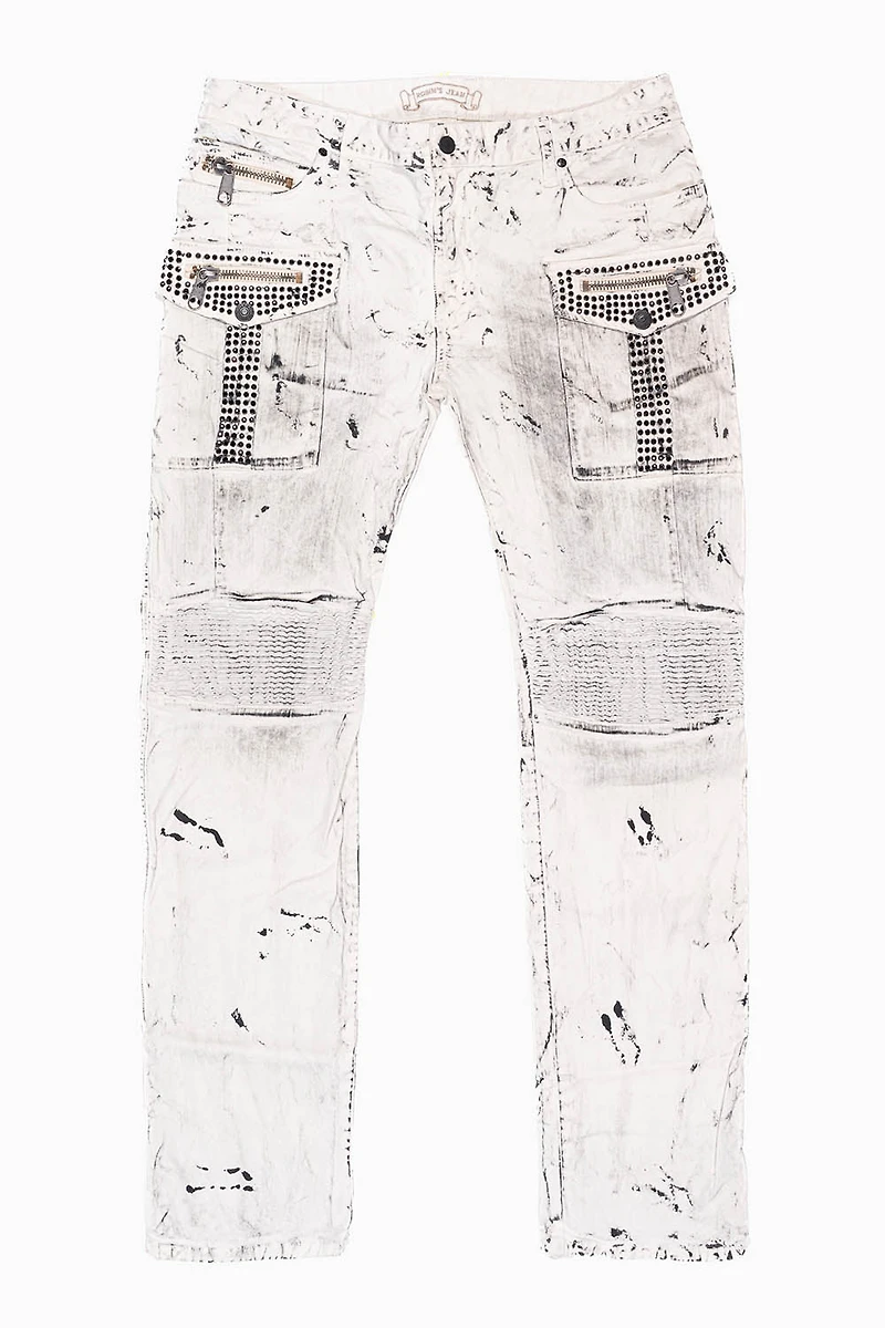 MILITARY/BIKER LONG FLAP SKINNY JEANS EMBELLISHED WITH BLACK CRYSTALS SPACE DYE WHITE WASH