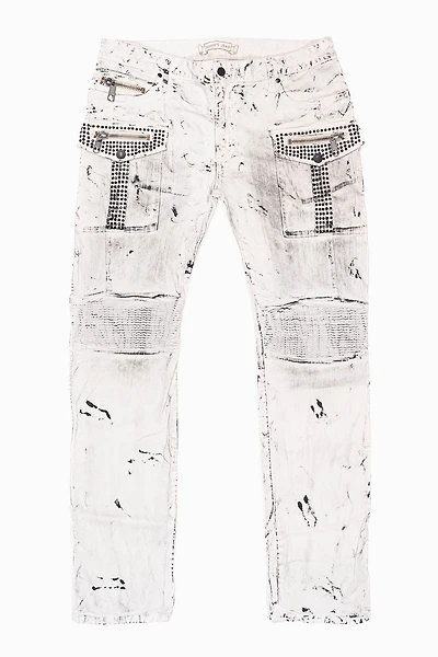 MILITARY/BIKER LONG FLAP SKINNY JEANS  EMBELLISHED WITH BLACK CRYSTALS SPACE DYE WHITE WASH