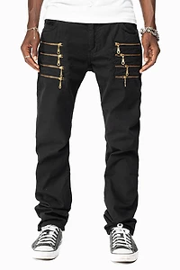 MENS MOTORCYCLE ZIPPER SLIM JEANS BLACK WITH STUDS AND CRYSTALS