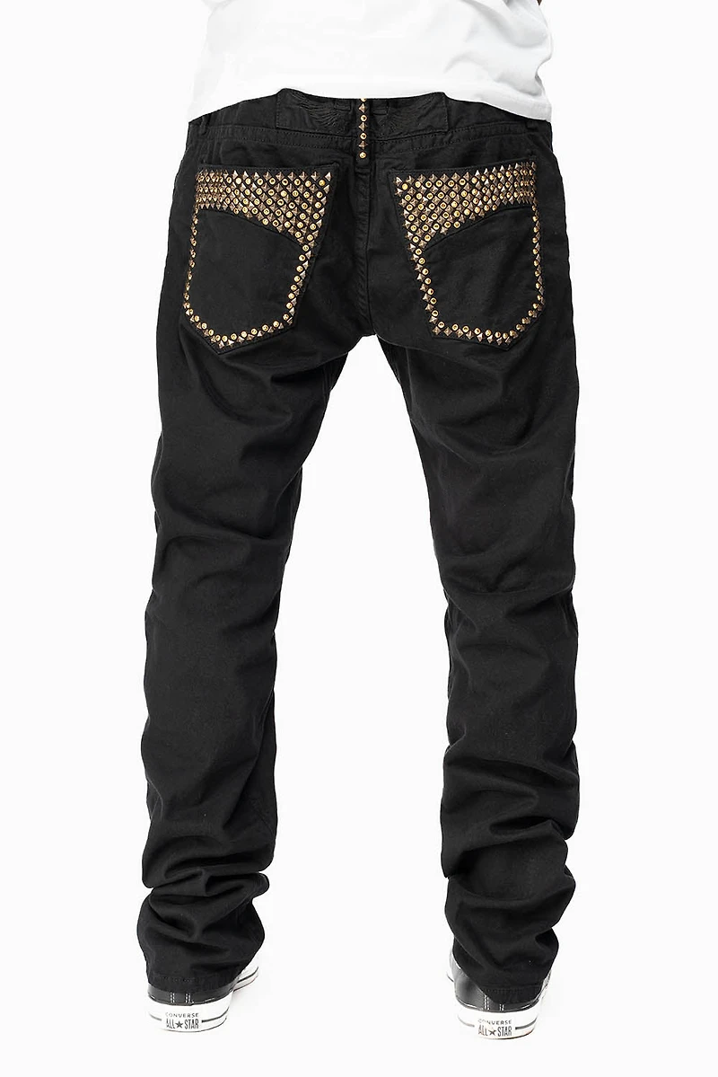MENS MOTORCYCLE ZIPPER SLIM JEANS BLACK WITH STUDS AND CRYSTALS