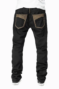 MENS MOTORCYCLE ZIPPER SLIM JEANS BLACK WITH STUDS AND CRYSTALS