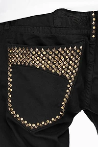 MENS MOTORCYCLE ZIPPER SLIM JEANS BLACK WITH STUDS AND CRYSTALS