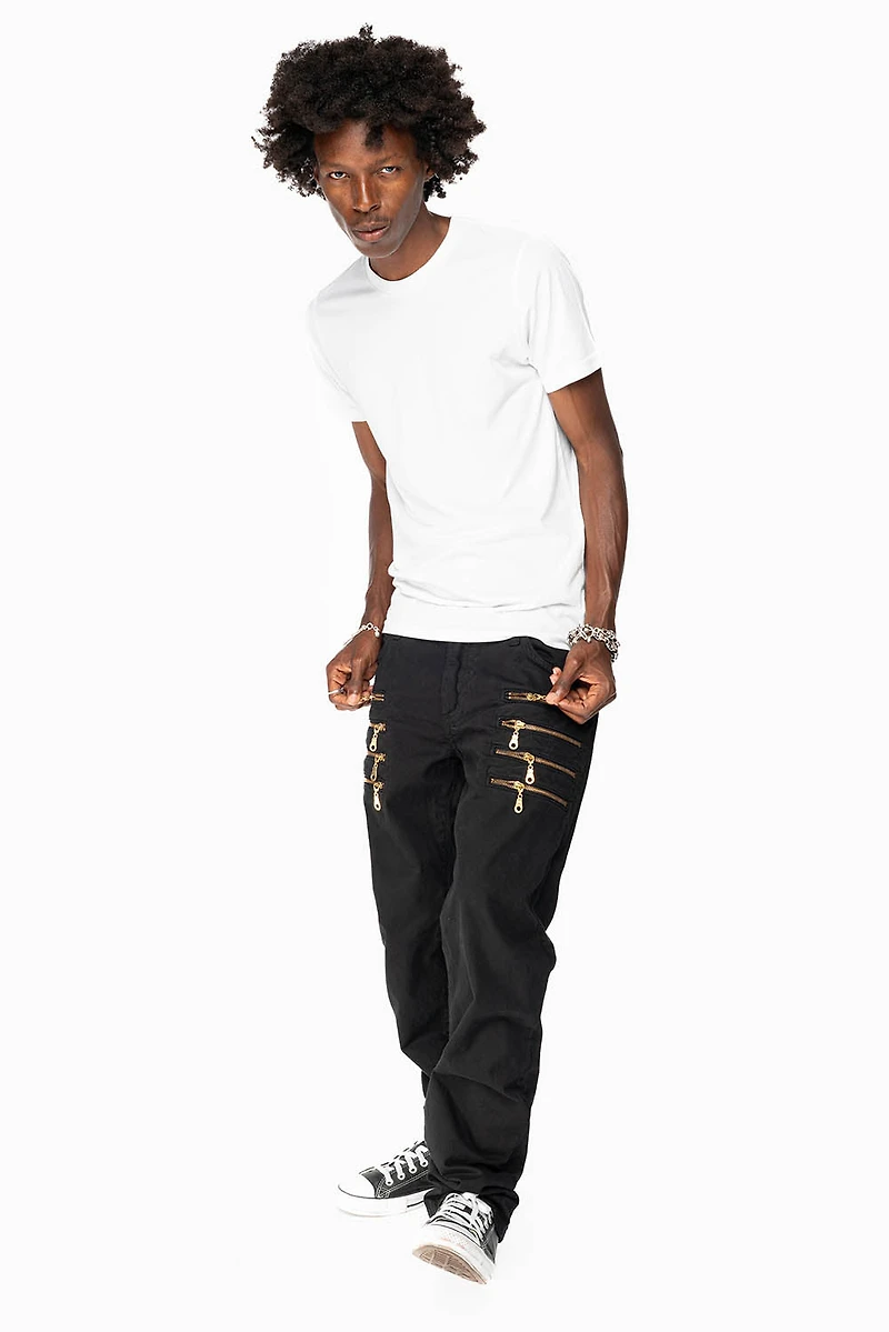 MENS MOTORCYCLE ZIPPER SLIM JEANS BLACK WITH STUDS AND CRYSTALS