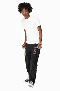 MENS MOTORCYCLE ZIPPER SLIM JEANS BLACK WITH STUDS AND CRYSTALS
