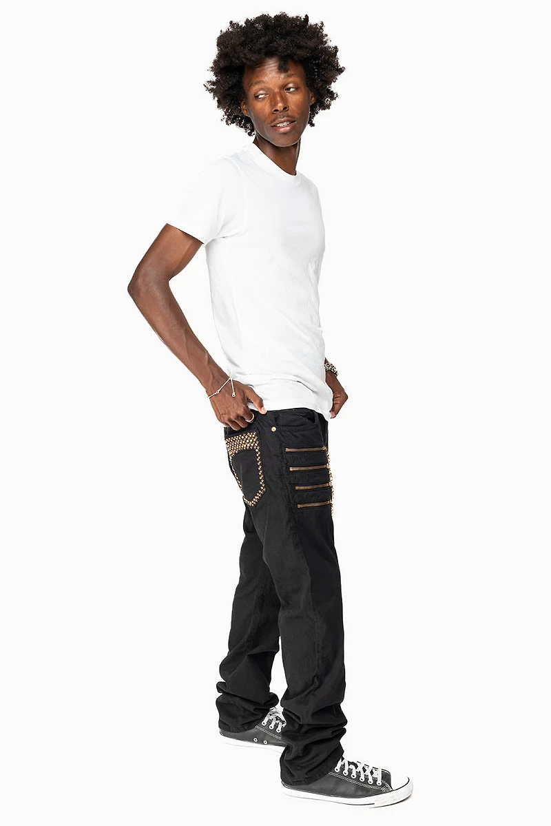MENS MOTORCYCLE ZIPPER SLIM JEANS BLACK WITH STUDS AND CRYSTALS