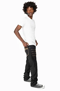 MENS MOTORCYCLE ZIPPER SLIM JEANS BLACK WITH STUDS AND CRYSTALS