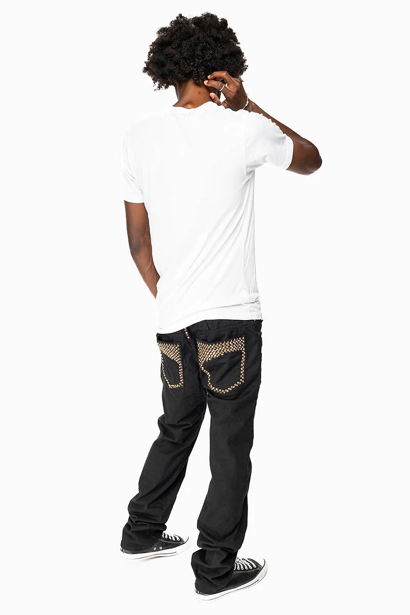 MENS MOTORCYCLE ZIPPER SLIM JEANS BLACK WITH STUDS AND CRYSTALS