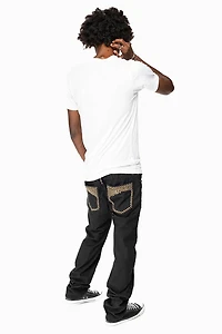 MENS MOTORCYCLE ZIPPER SLIM JEANS BLACK WITH STUDS AND CRYSTALS