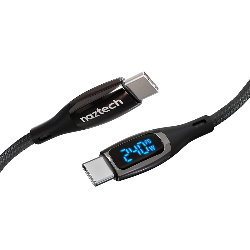 Câble de charge rapide numérique DigiWATT 240 W USB-C vers USB-C Naztech de 6 pieds avec affichage d'alimentation LED