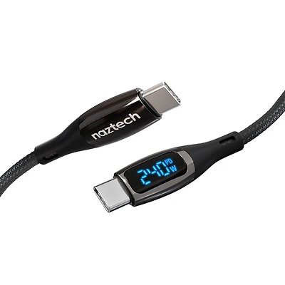 Câble de charge rapide numérique DigiWATT 240 W USB-C vers USB-C Naztech de 6 pieds avec affichage d'alimentation LED
