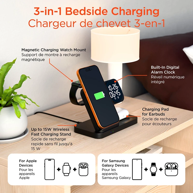 Hypergear 15W Powerfold 24/7 3in1 Foldable Wireless Charging Stand w/Digital Alarm Clock - Black