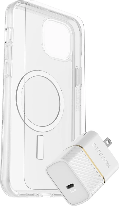 OtterBox 7881243 Protection+Power Kit (Symmetry Clear MagSafe a/Glass + Chargeur Mural 30W Blanc) pour iPhone 15 Plus