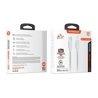 HyperGear 10 ft. (300cm) USB-C to Lightning Braided Charge and Sync Cable - White