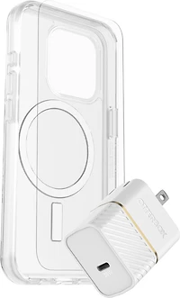 OtterBox 7881239 Protection+Power Kit (Symmetry Clear MagSafe a/Glass + Chargeur Mural 30W Blanc) pour iPhone 15 Pro
