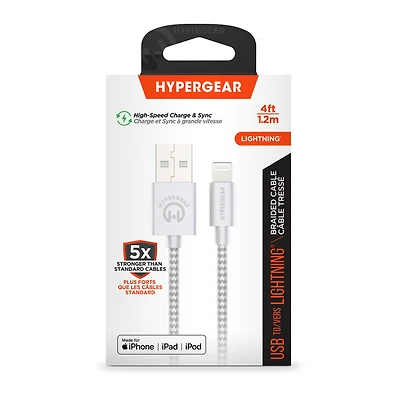 Câble tressé de recharge et de synchronisation USB-A vers Lightning HyperGear de 4 pi (120 cm) – blanc